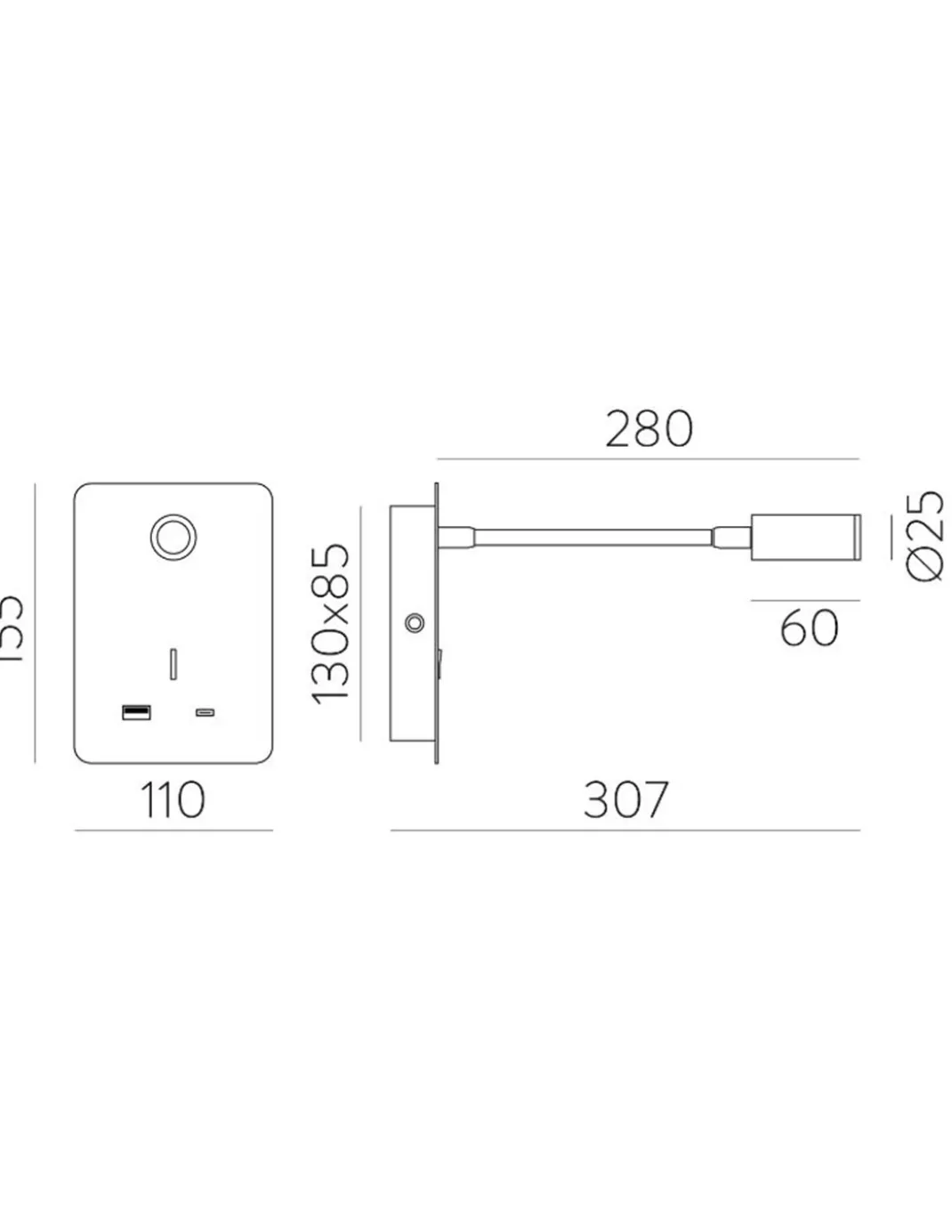 Aplique de pared - ACB - Aplique LED de lectura flexible con USB e interruptor