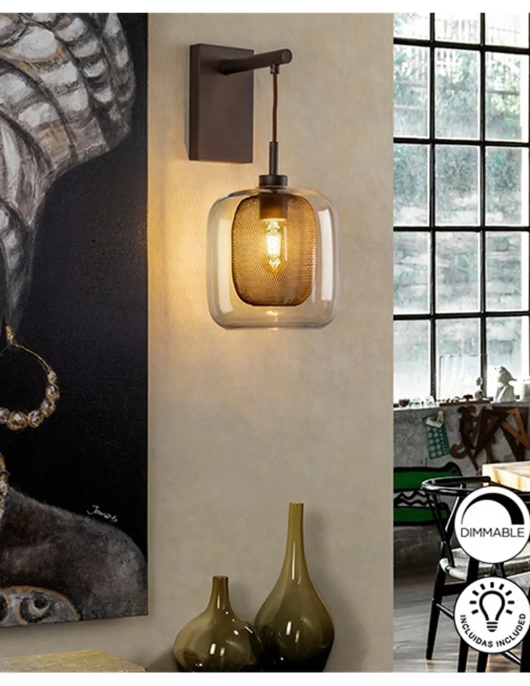 Aplique de pared Fox - Schuller - Lámpara colgante de pared, estilo industrial, malla metal+cristal