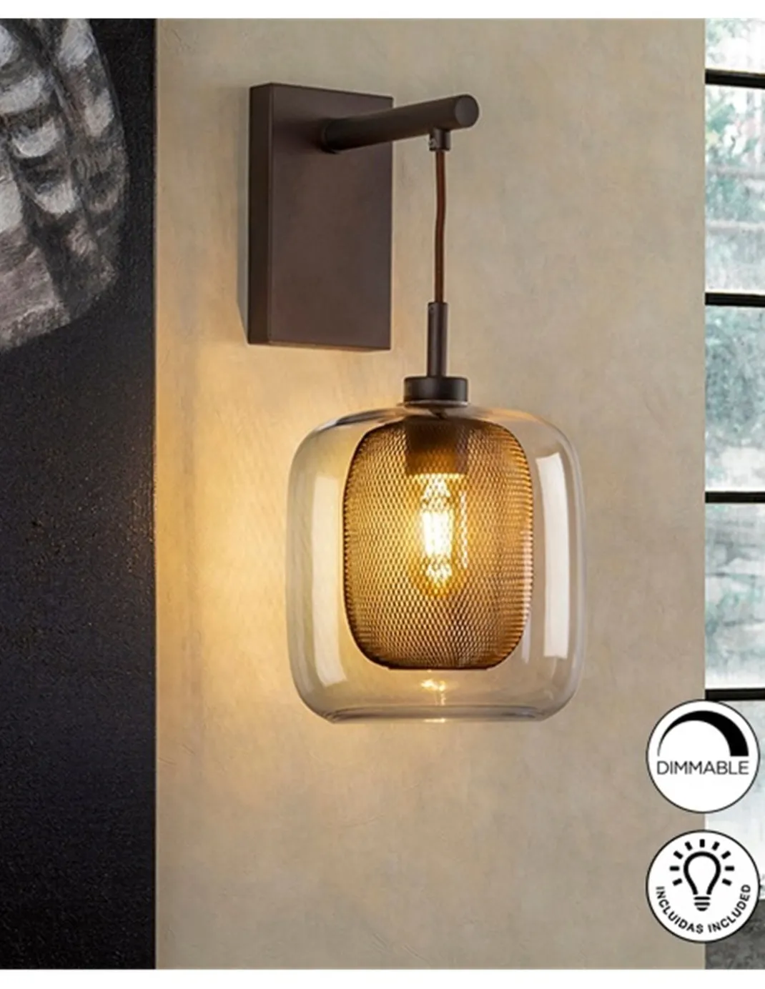 Aplique de pared Fox - Schuller - Lámpara colgante de pared, estilo industrial, malla metal+cristal