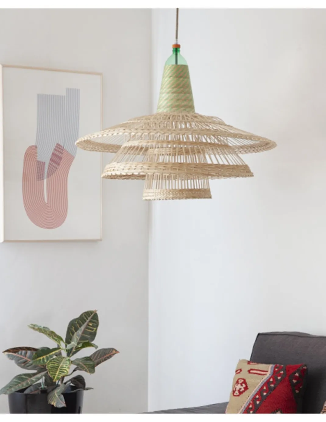 Lámpara colgante Chimbarongo Single Triple - PET Lamp - Lámpara artesanal de fibra natural, estilo boho