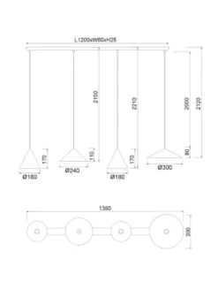 Lámpara colgante Cono - Mantra - Lámpara lineal con 4 pantallas cónicas