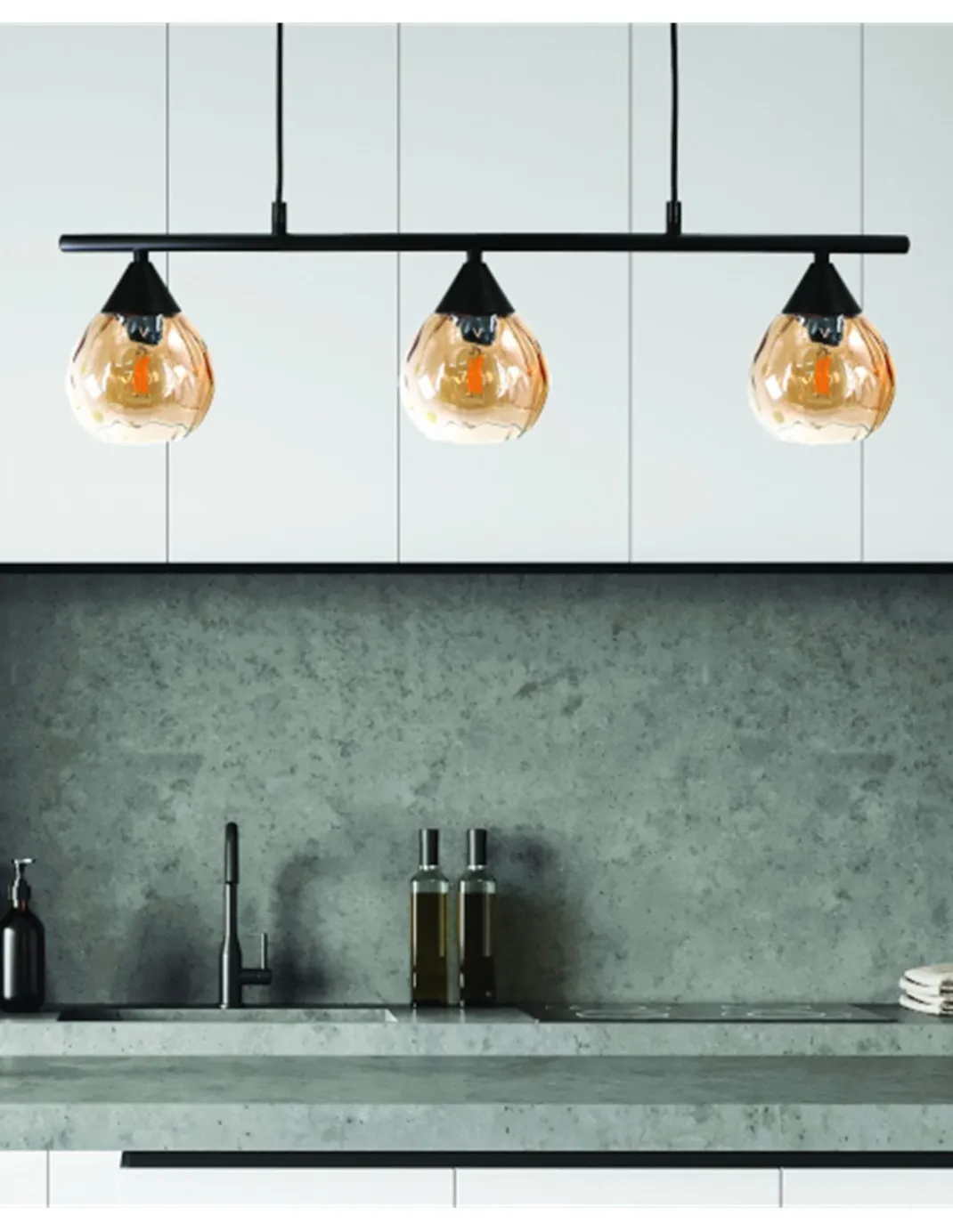 Lámpara colgante Daiki - IDP Lampshades - Lámpara lineal con 3 pantallas de cristal ámbar