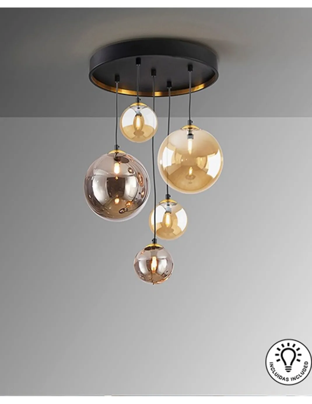 Lámpara colgante Dark – Schuller – Tulipas de cristal ámbar y gris smoke