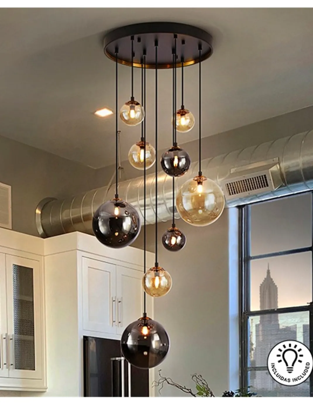 Lámpara colgante Dark – Schuller – Lámpara de 9 luces con tulipas de diferentes tamaños