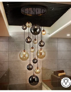 Lámpara colgante Dark – Schuller – Lámpara con 14 luces, tulipas de cristal ámbar y gris