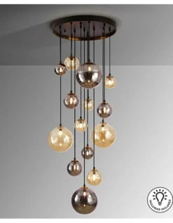 Lámpara colgante Dark – Schuller – Lámpara con 14 luces, tulipas de cristal ámbar y gris