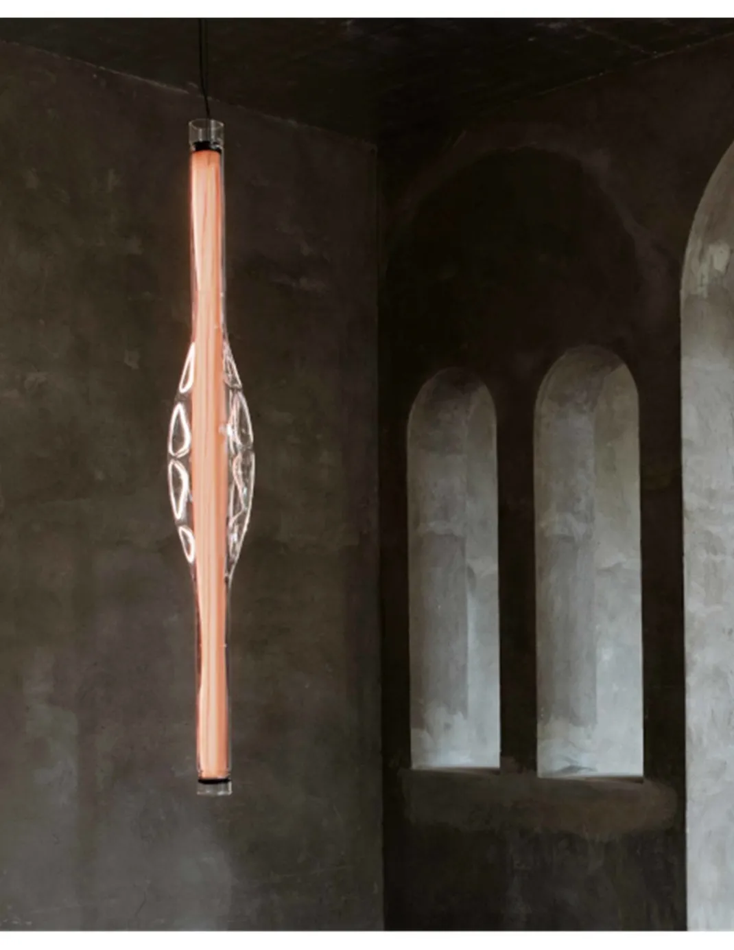 Lámpara colgante Dune Vertical – LZF – Lámpara de madera natural y vidrio soplado, LED regulable, Alto: 120 cm