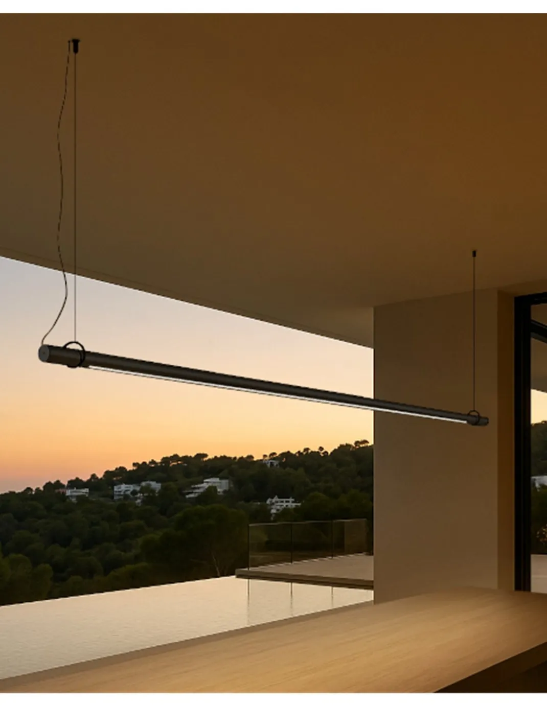 Lámpara colgante exterior Solid Outdoor SH - B.lux - Suspensión tubular lineal con óptica darklight para terrazas y porches