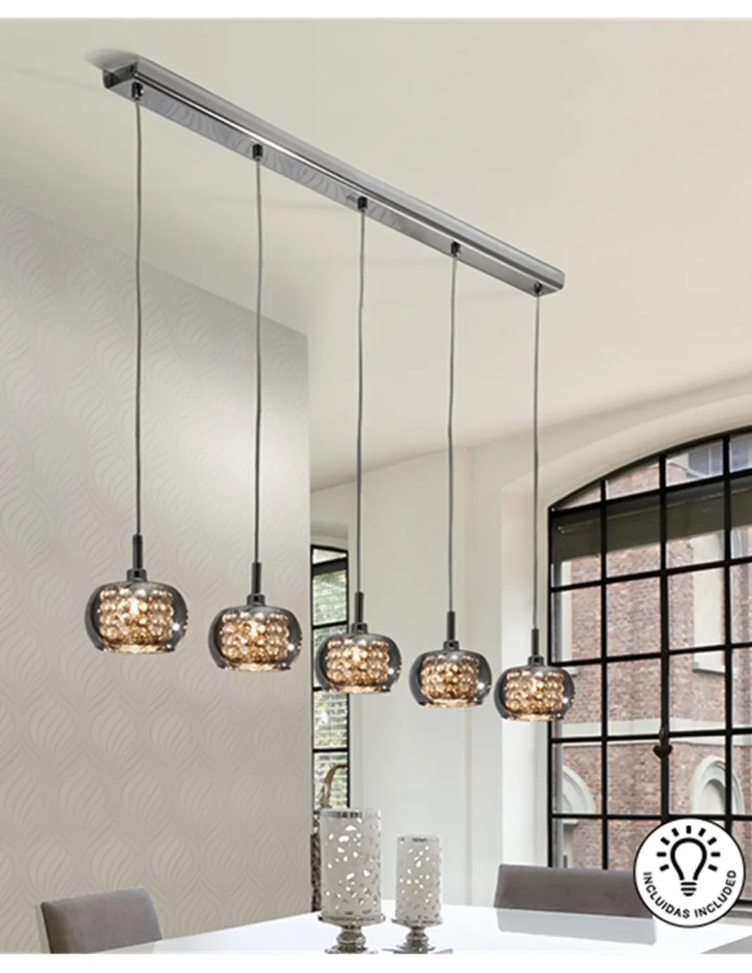 Lámpara colgante lineal Arián – Schuller – 5 tulipas de cristal espejado