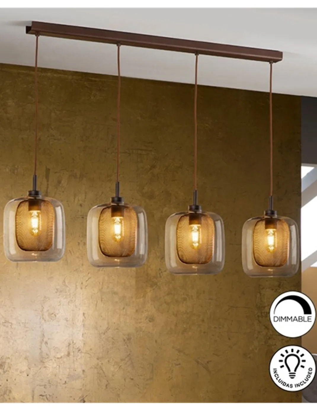Lámpara colgante lineal Fox – Schuller – Lámpara de 4 luces, tulipas de cristal