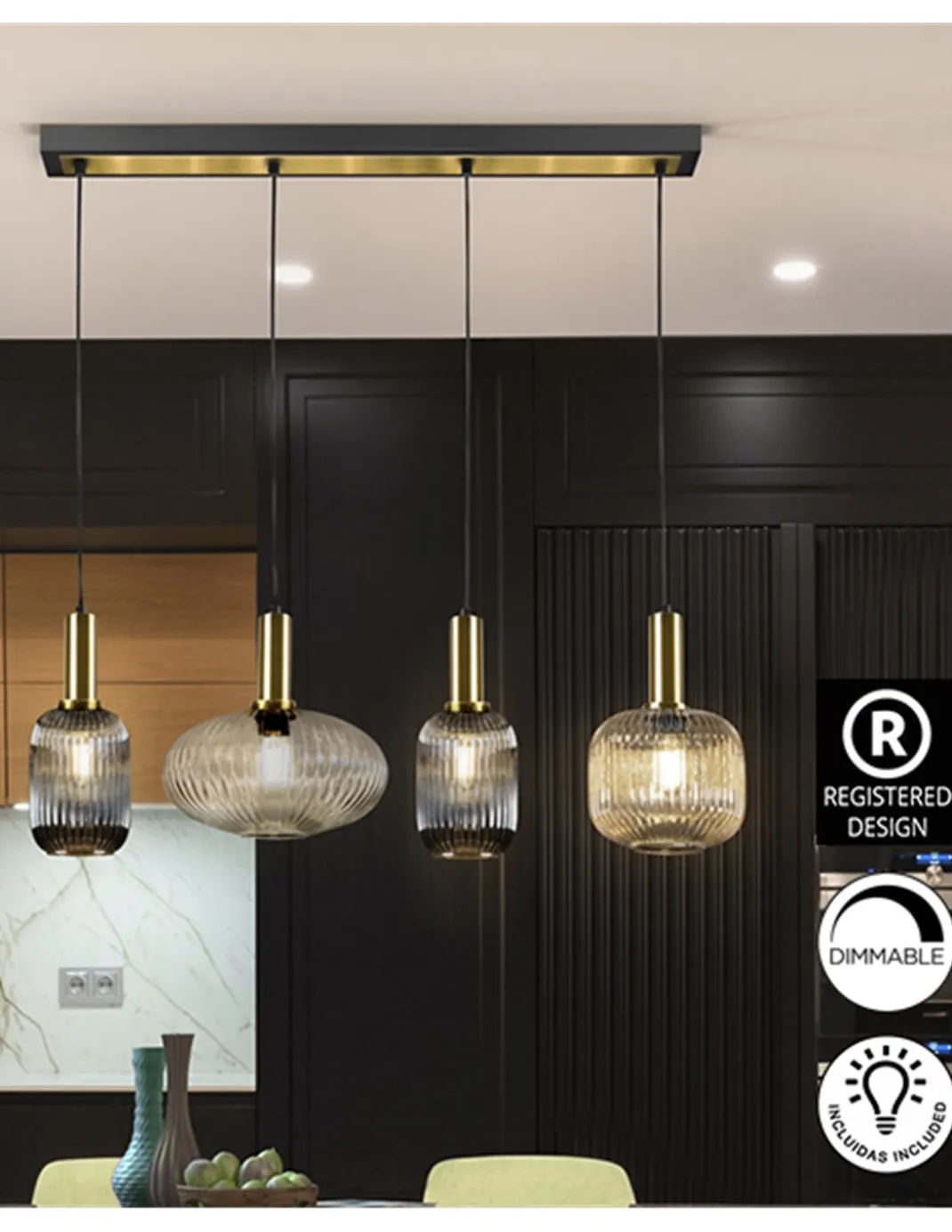Lámpara colgante lineal Norma – Schuller – Diseño decorativo con tulipas de cristal