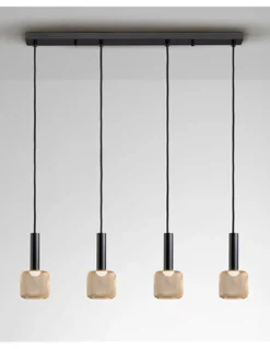 Lámpara colgante lineal Sincro – Schuller – 4 tulipas de malla dorada, LED regulable