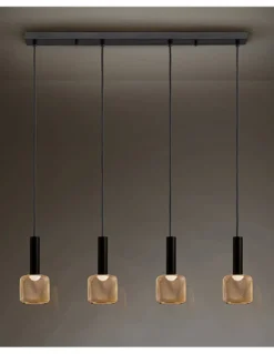 Lámpara colgante lineal Sincro – Schuller – 4 tulipas de malla dorada, LED regulable