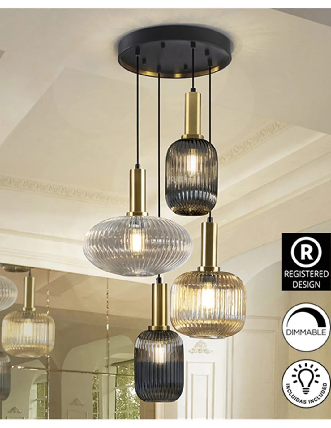 Lámpara colgante Norma- Schuller – Lámpara de 4 luces, tulipas de cristal en 3 colores