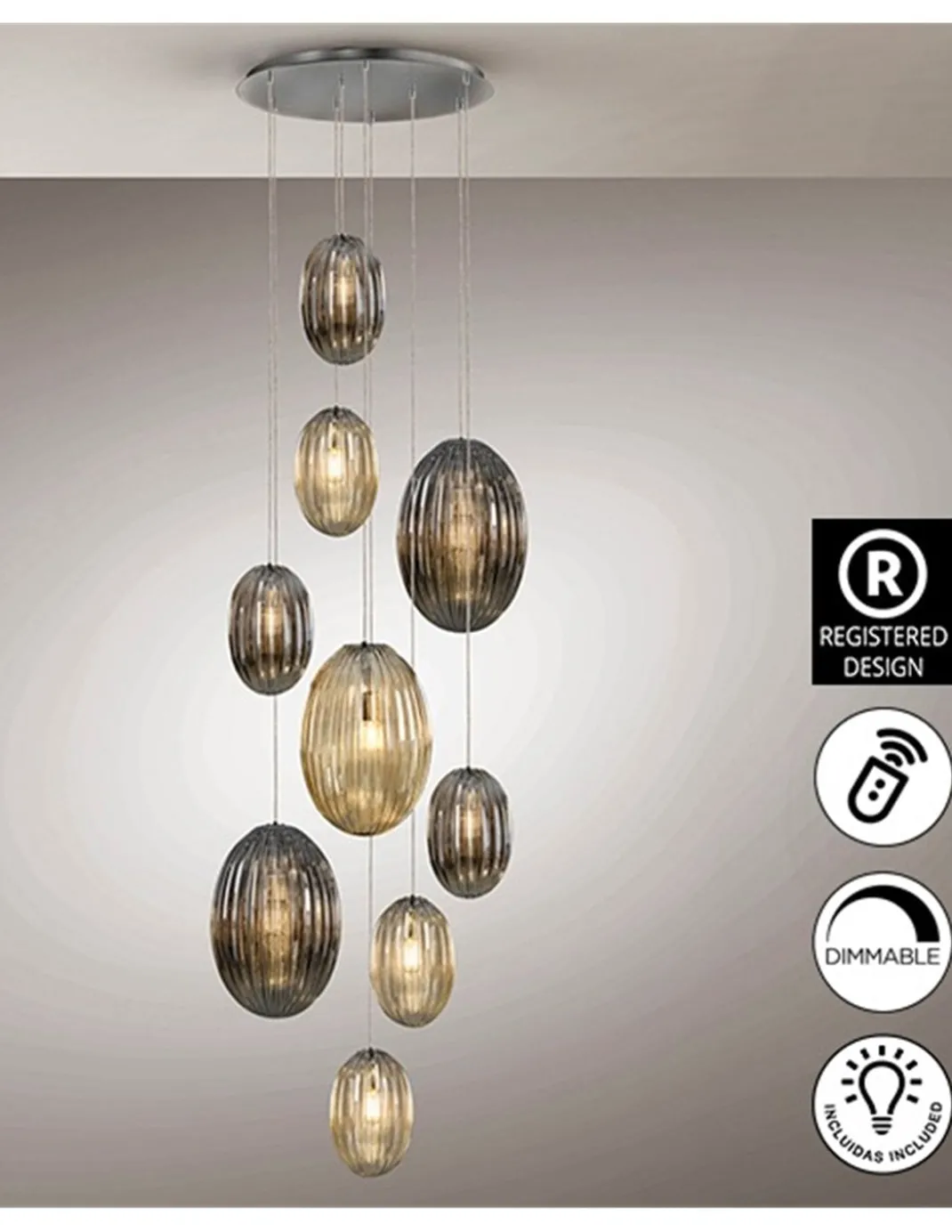Lámpara colgante Ovila – Schuller – Lámpara de 5 luces, pantallas de cristal
