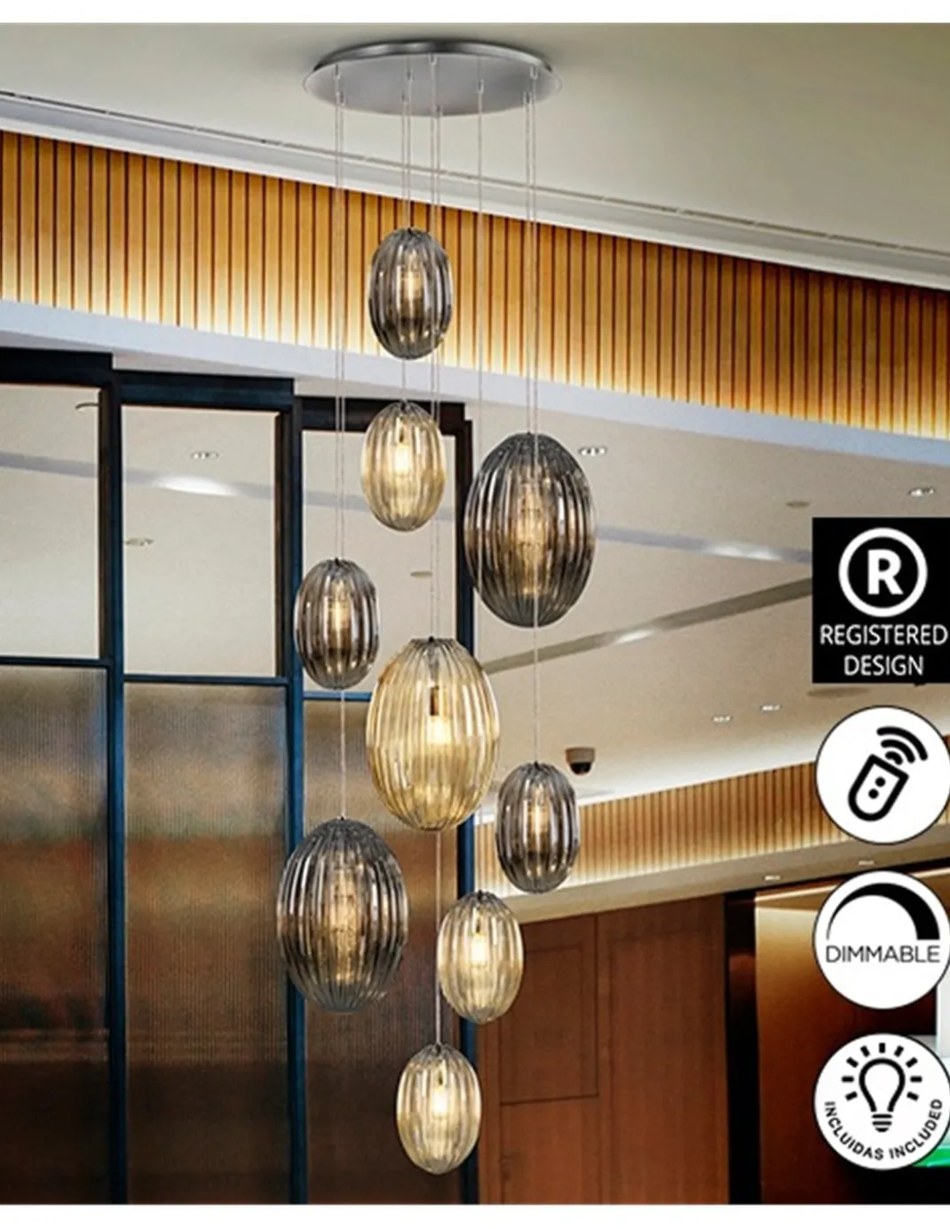 Lámpara colgante Ovila – Schuller – Lámpara de 5 luces, pantallas de cristal