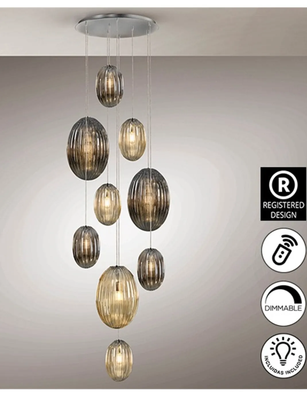 Lámpara colgante Ovila – Schuller – Lámpara de 5 luces, pantallas de cristal
