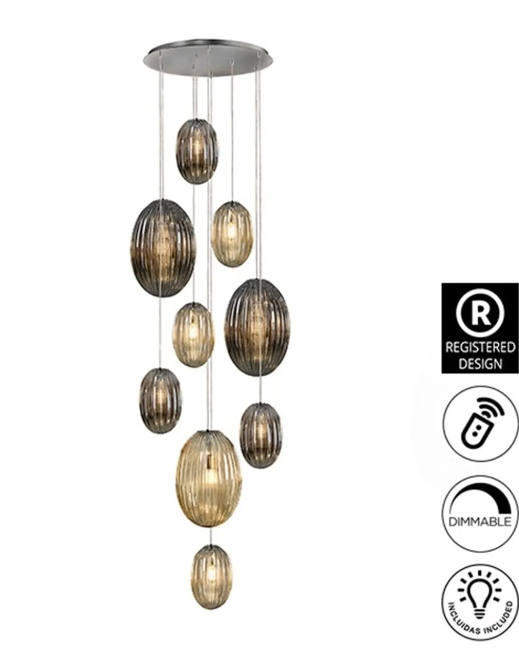 Lámpara colgante Ovila – Schuller – Lámpara de 5 luces, pantallas de cristal
