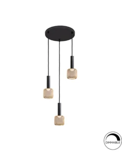 Lámpara colgante Sincro – Schuller – 3 tulipas de malla dorada, LED regulable