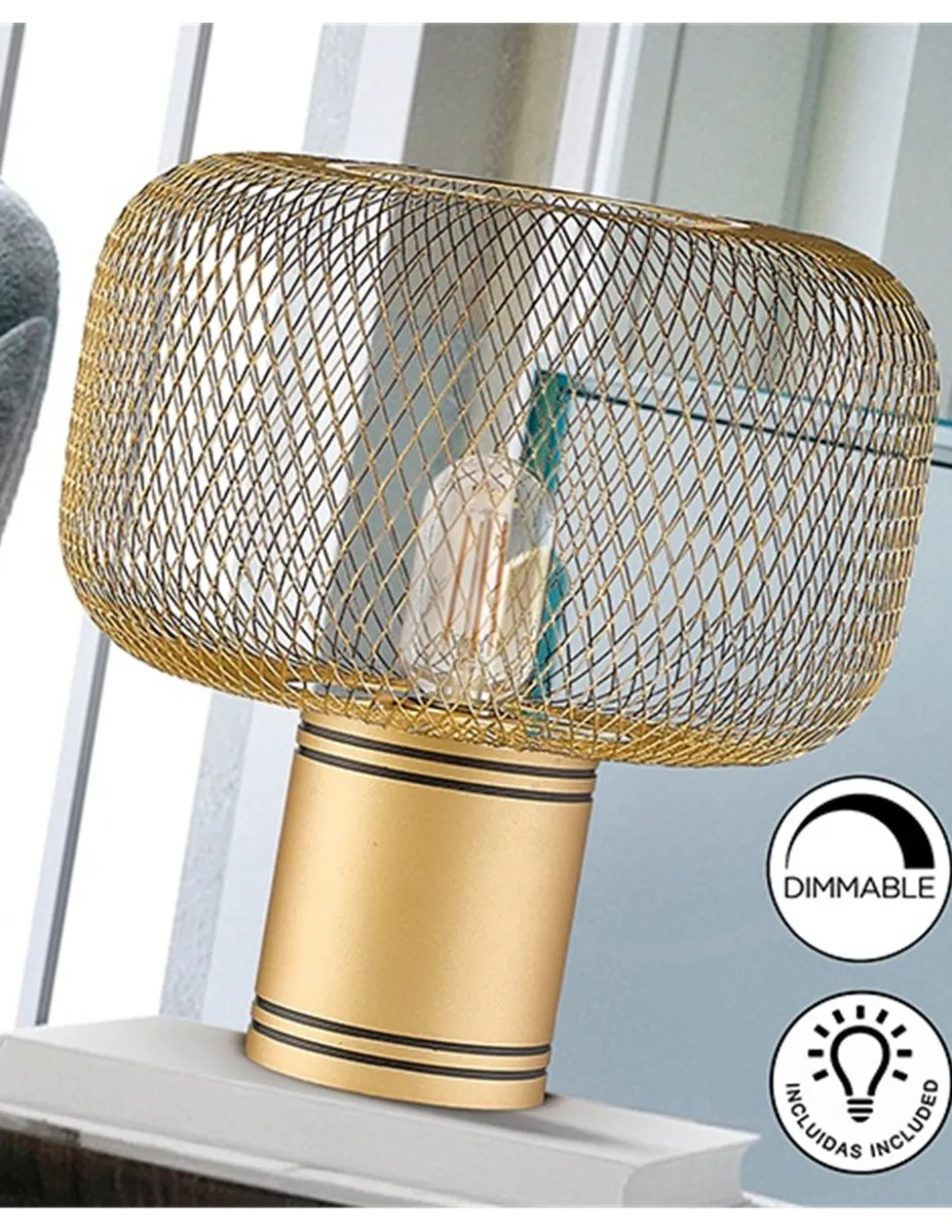 Lámpara de mesa Osiris – Schuller – Tulipa de malla metálica en dorado