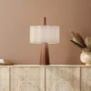 Lámpara de mesa Rain – Robin – Lámpara de madera de castaño con pantalla blanca, Cable azul