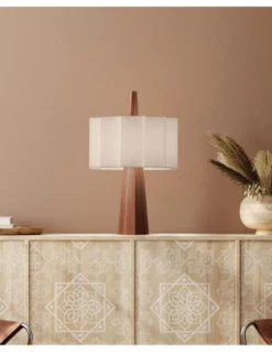Lámpara de mesa Rain – Robin – Lámpara de madera de castaño con pantalla blanca, Cable azul