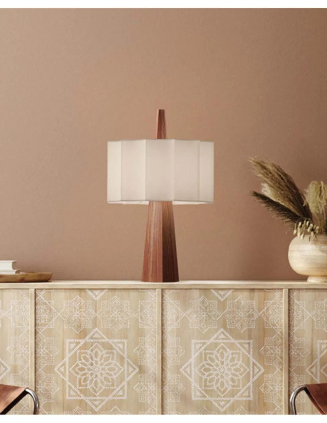 Lámpara de mesa Rain – Robin – Lámpara de madera de castaño con pantalla blanca, Cable azul