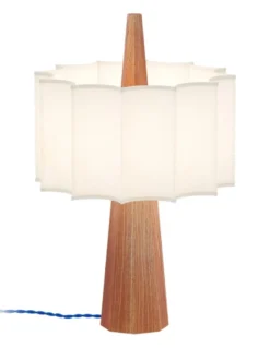 Lámpara de mesa Rain – Robin – Lámpara de madera de castaño con pantalla blanca, Cable azul