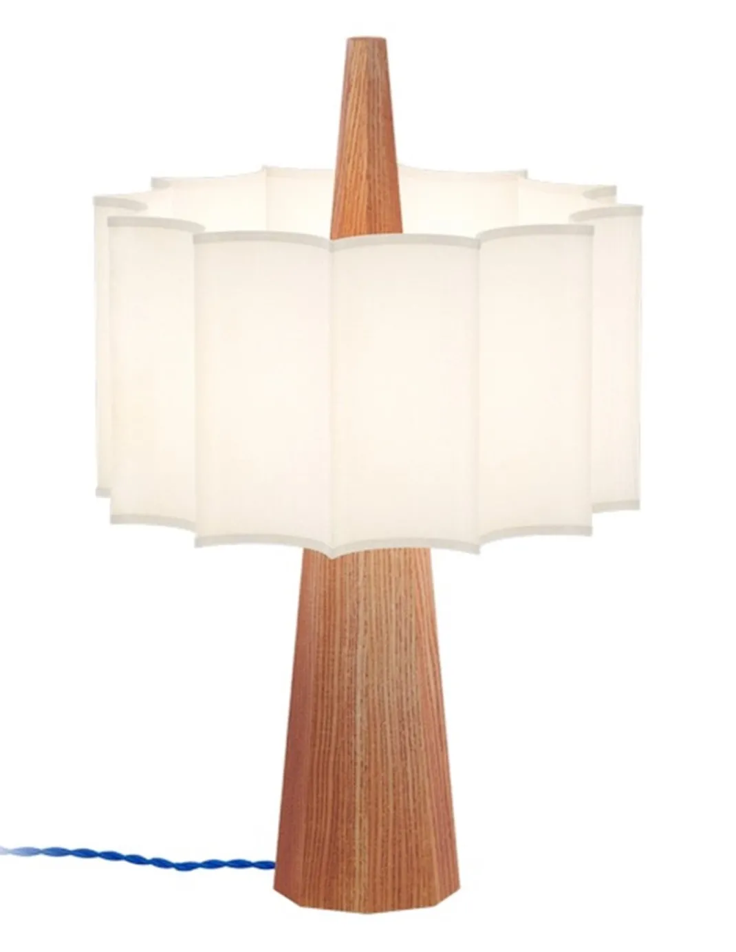 Lámpara de mesa Rain – Robin – Lámpara de madera de castaño con pantalla blanca, Cable azul