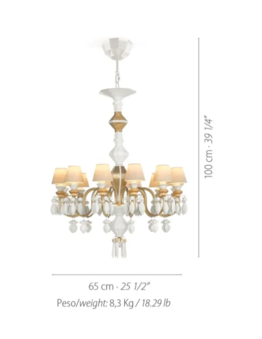 Lámpara de techo de araña de porcelana en lustre oro– Chandelier 12, 24, 40 brazos – Lladró