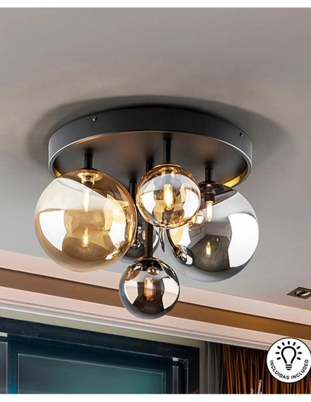 Plafón de techo Dark – Schuller – Lámpara decorativa con 5 tulipas de cristal