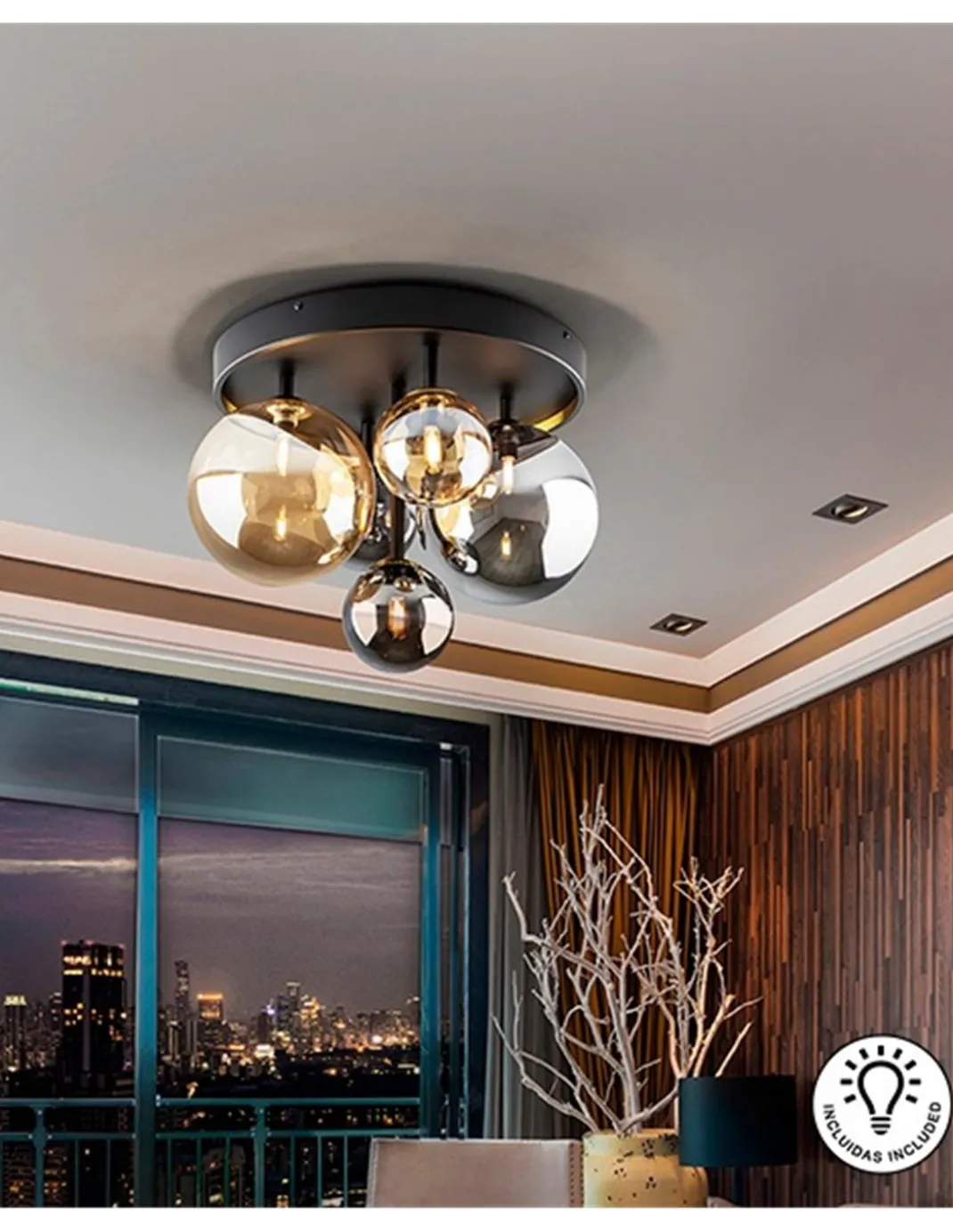 Plafón de techo Dark – Schuller – Lámpara decorativa con 5 tulipas de cristal