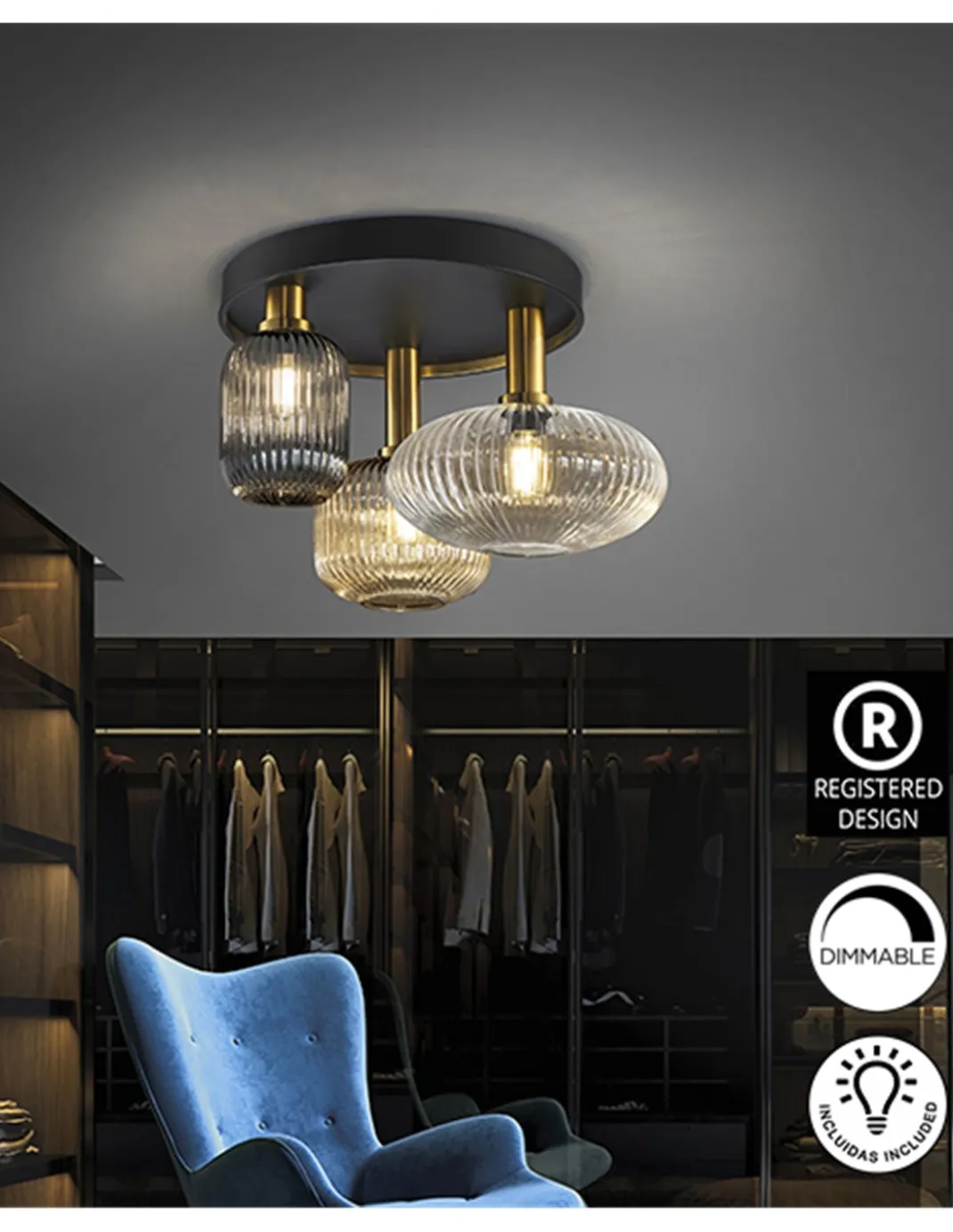 Plafón de techo Norma – Schuller – Lámpara de 3 luces, pantallas de cristal moldeado