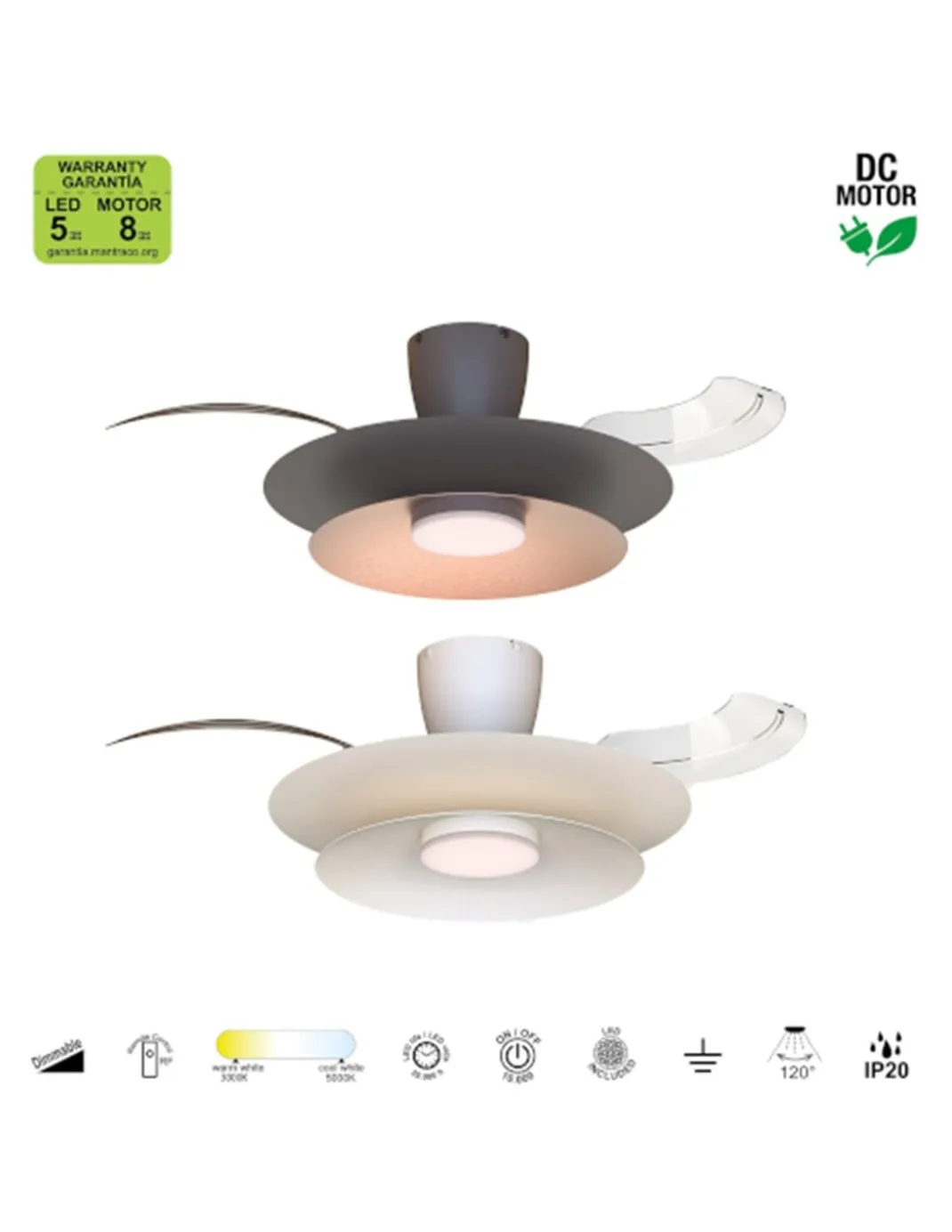 Plafón ventilador con luz Patagonia - Mantra - Blanco con aspas transparentes, luz regulable y motor ultrasilencioso