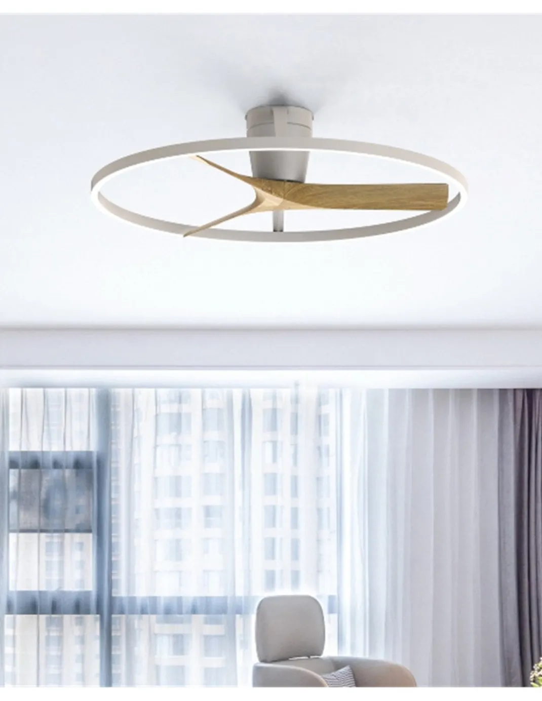 Plafón ventilador Nepal II - Mantra - Aro decorativo, acabado blanco y madera y luz regulable