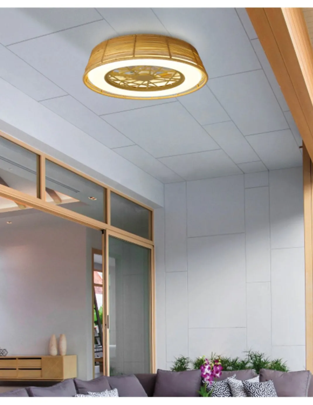 Ventilador con luz Indonesia Mini – Mantra – Plafón de ratán, LED regulable con mando a distancia, 4 velocidades