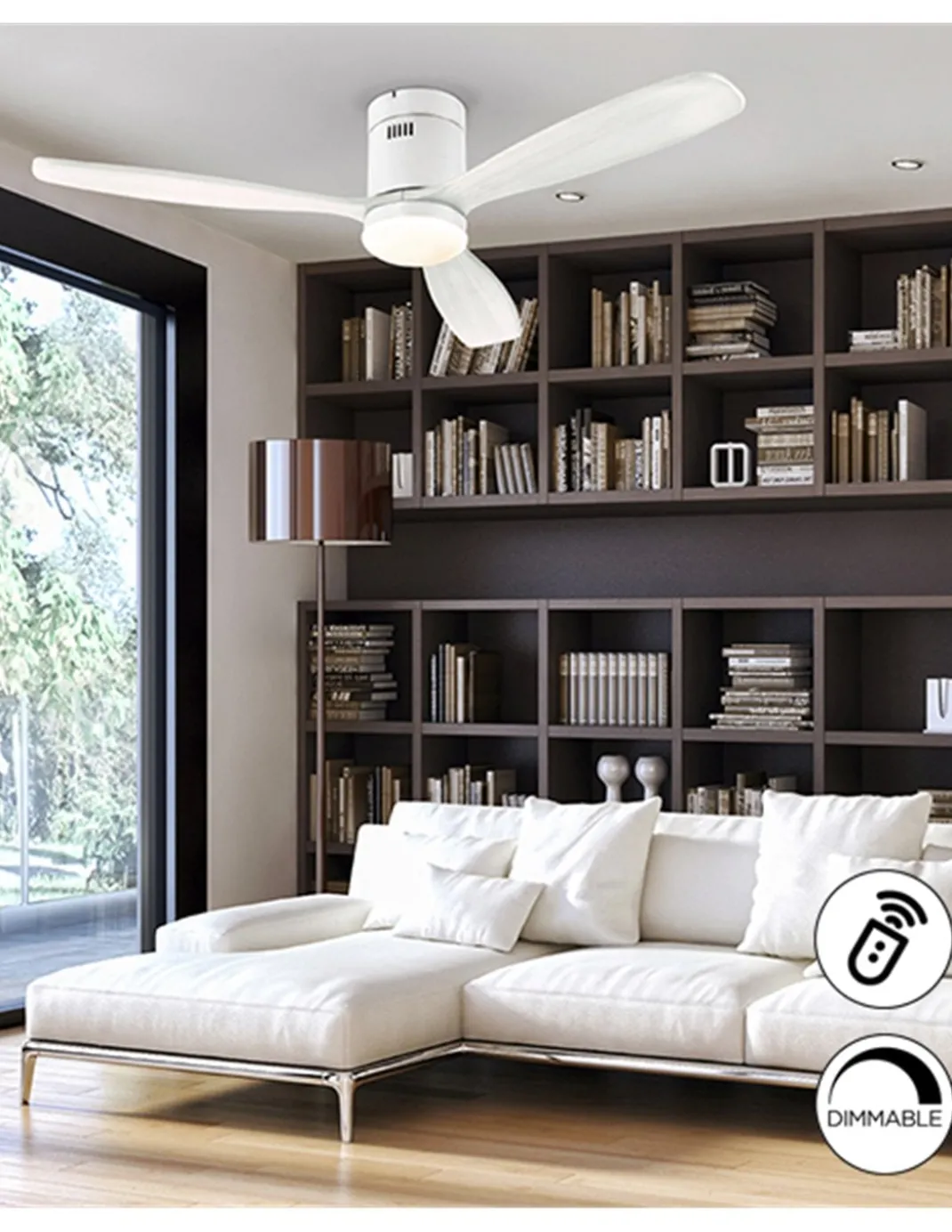 Ventilador con luz Siroco – Schuller – Palas de madera blanca, motor DC, 6 velocidades