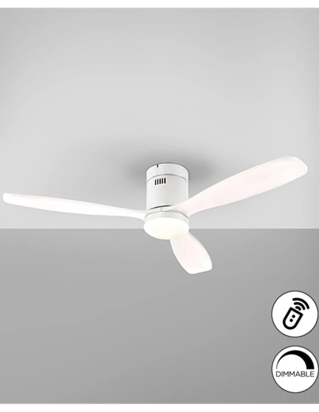 Ventilador con luz Siroco – Schuller – Palas de madera blanca, motor DC, 6 velocidades