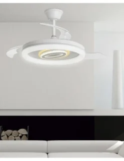 Ventilador de techo con luz Bribón - AJP - Blanco con difusor decorativo, aspas retráctiles y modo brisa