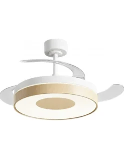 Ventilador de techo con luz Duna - AJP - Luz regulable, acabado blanco y madera y aspas retráctiles