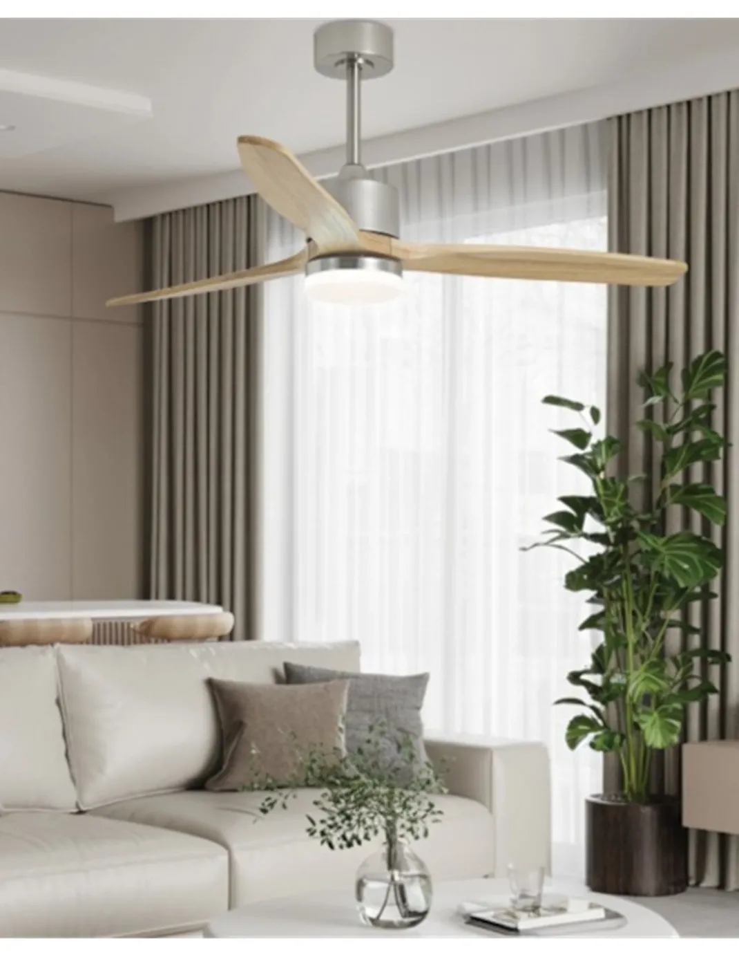Ventilador de techo con luz Madeira - AJP - Palas de madera natural con acabado níquel satinad, ultrasilencioso