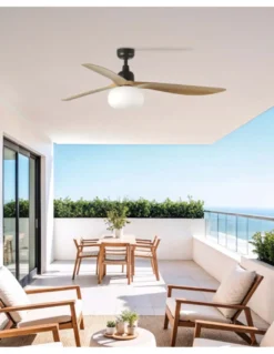 Ventilador de techo con luz Outwood L Smart - Faro - Palas de madera de roble, apto exterior