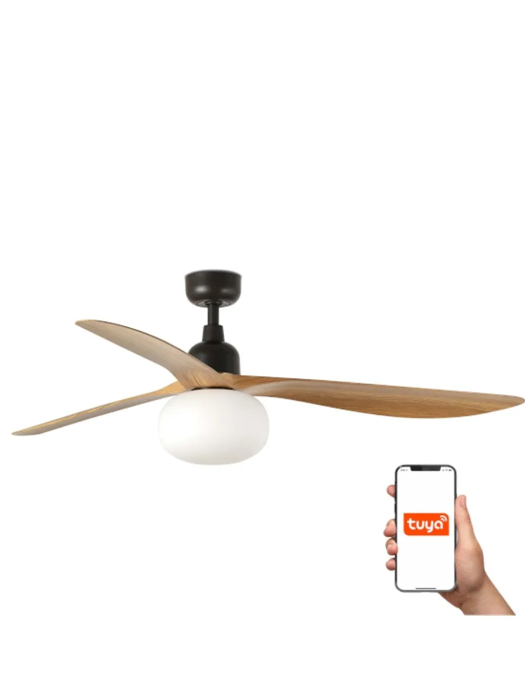 Ventilador de techo con luz Outwood L Smart - Faro - Palas de madera de roble, apto exterior