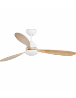Ventilador de techo con luz Poros - Faro - Lámpara ventilador blanco/madera, apto techos inclinados, ultrasilencioso