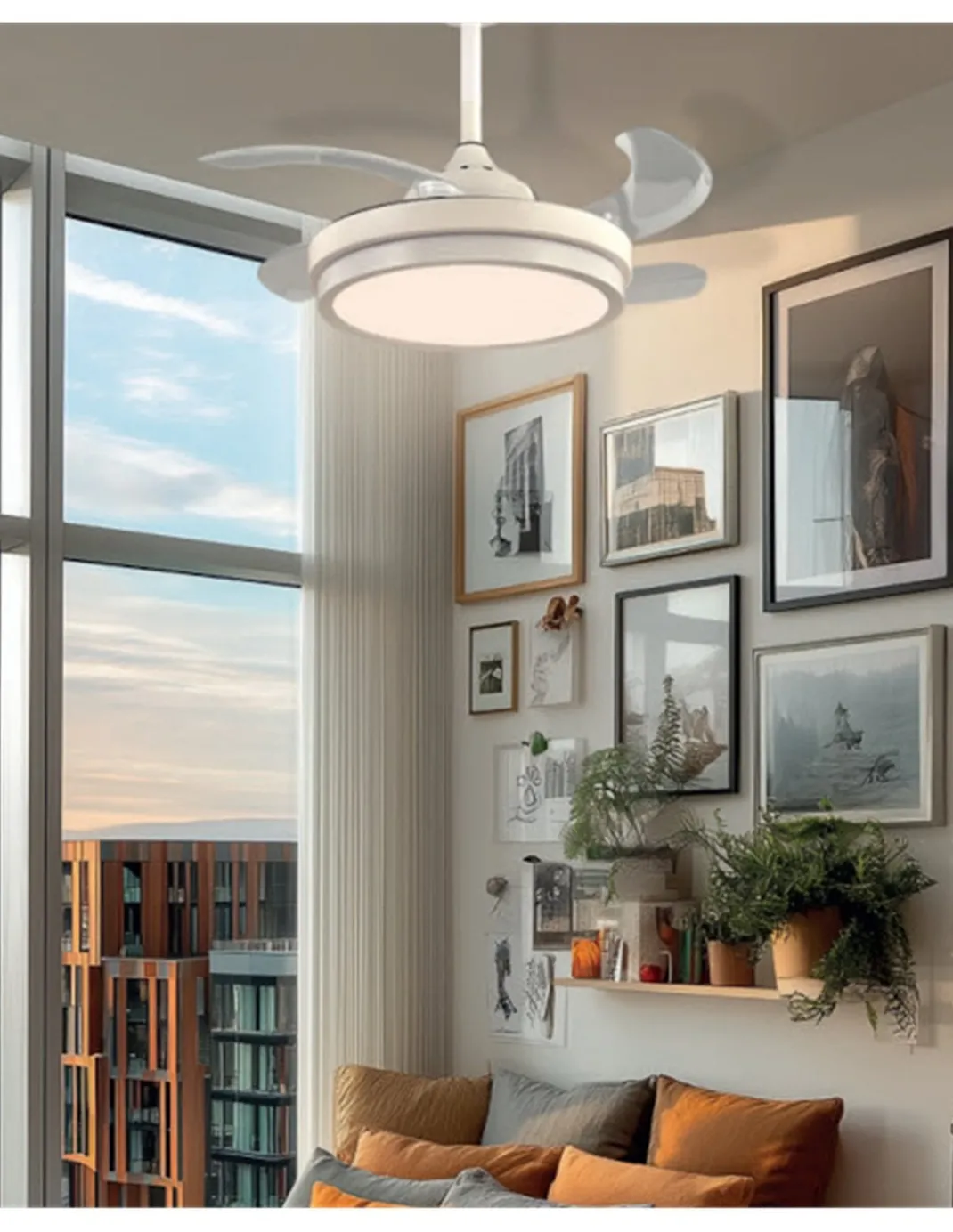 Ventilador de techo con luz Sena Mini - ALG - Aspas retráctiles en blanco con mando a distancia y 6 velocidades