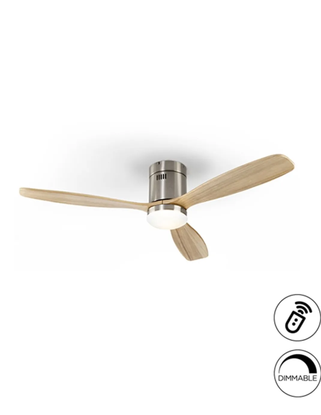 Ventilador de techo con luz Siroco – Schuller – 6 velocidades, palas de madera