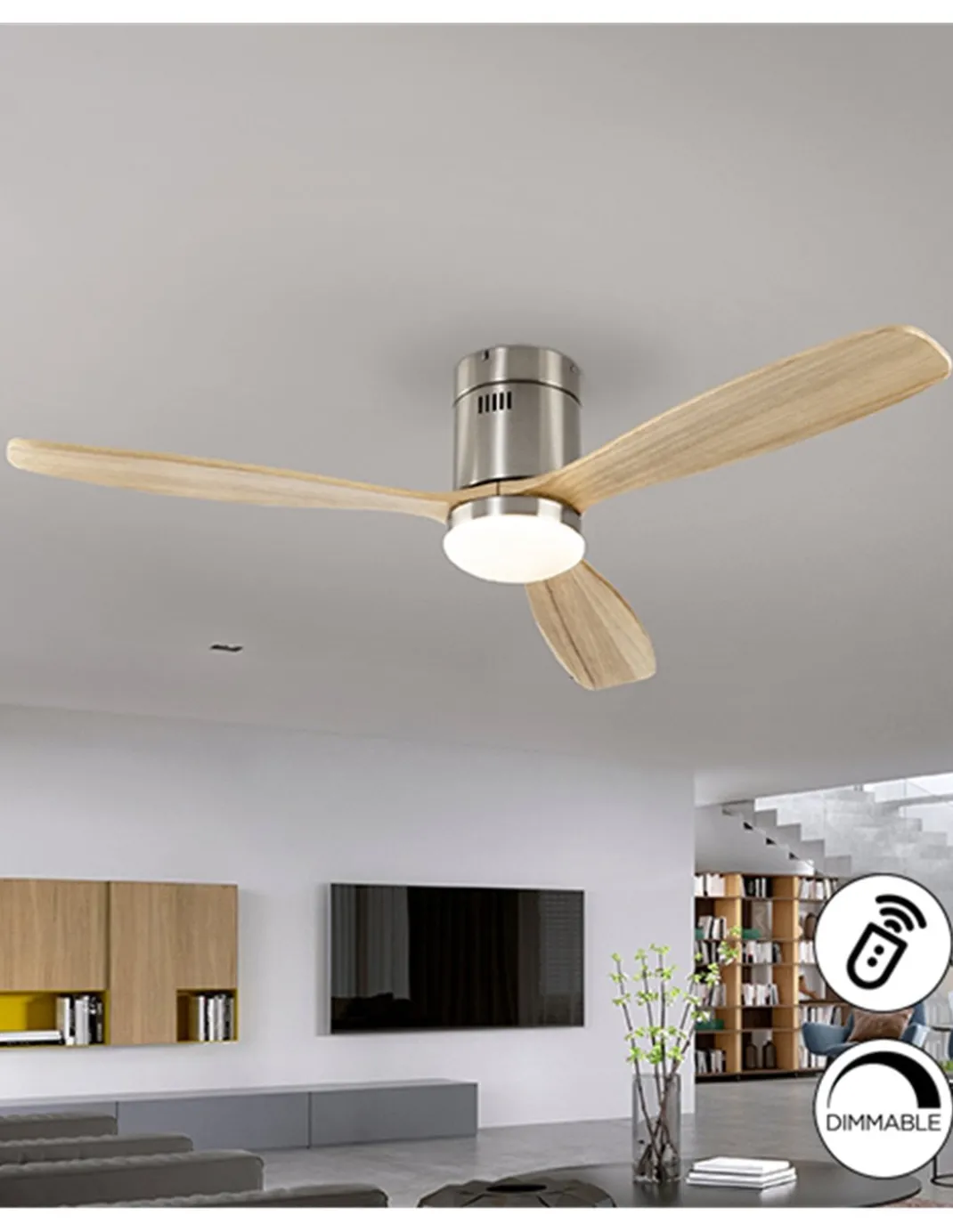 Ventilador de techo con luz Siroco – Schuller – 6 velocidades, palas de madera