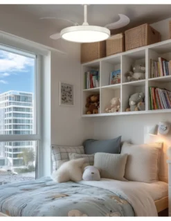 Ventilador de techo con luz Ural - ALG - Blanco con aspas retráctiles, difusor plano y motor ultrasilencioso