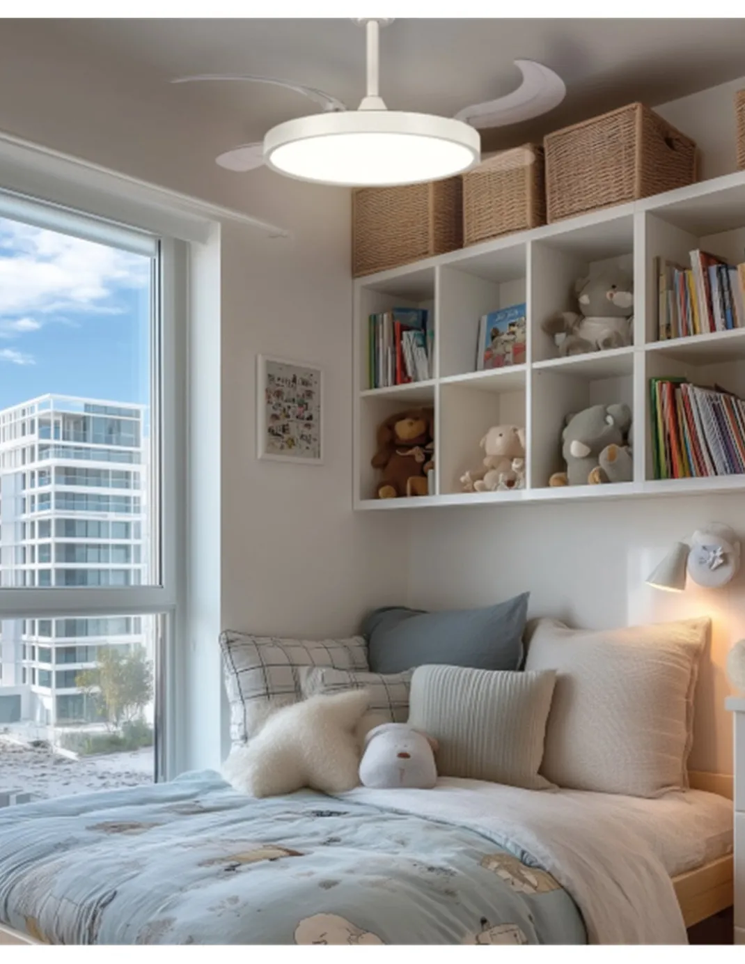 Ventilador de techo con luz Ural - ALG - Blanco con aspas retráctiles, difusor plano y motor ultrasilencioso