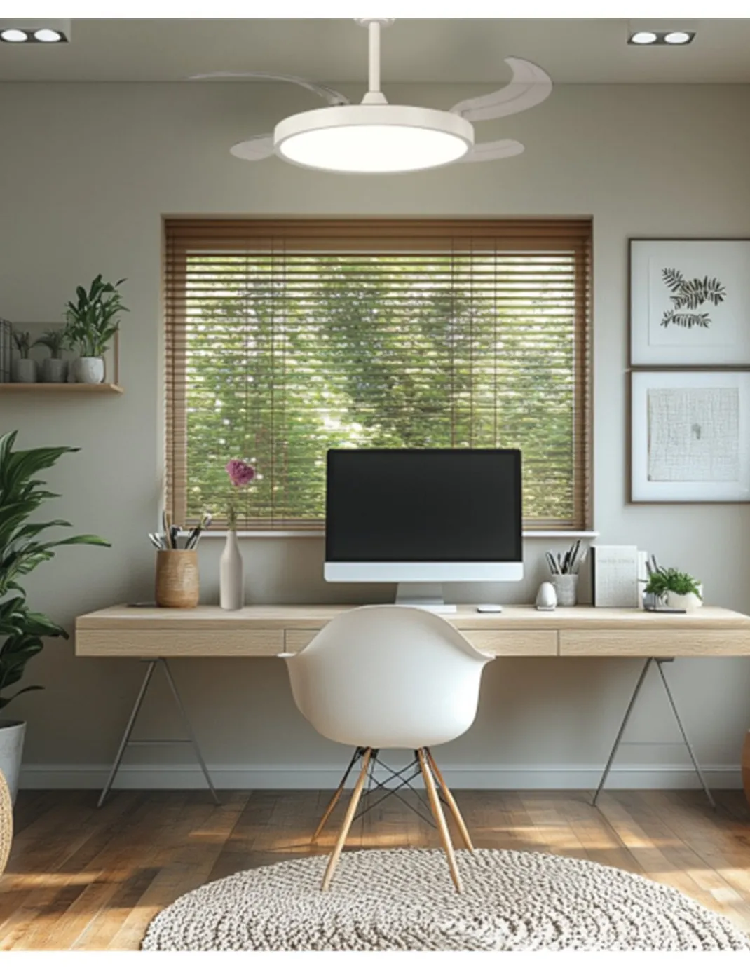 Ventilador de techo con luz Ural - ALG - Blanco con aspas retráctiles, difusor plano y motor ultrasilencioso